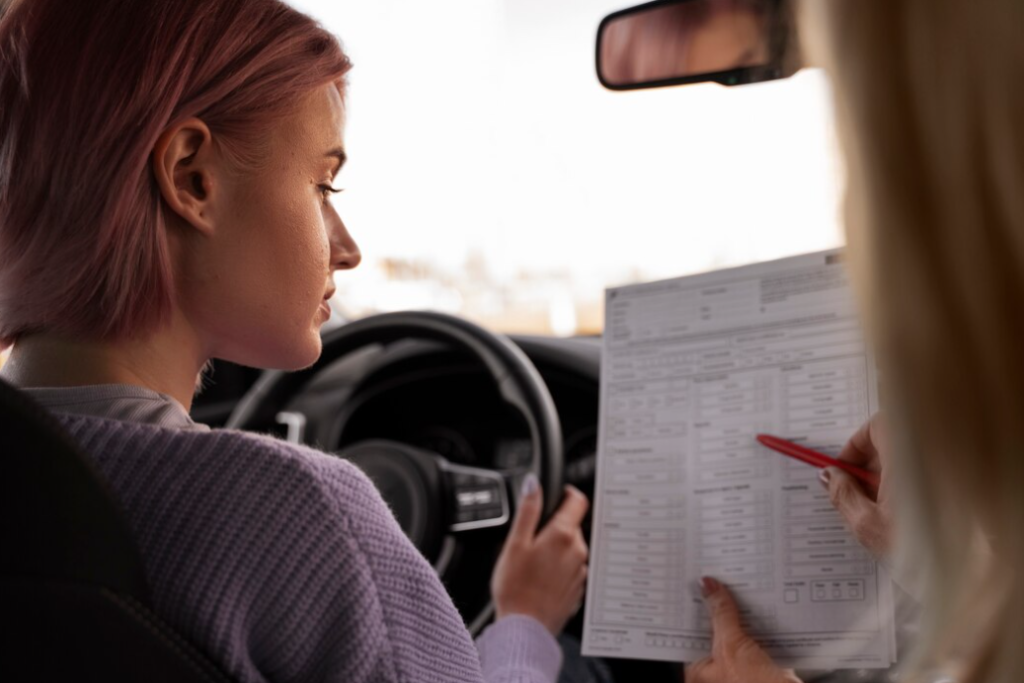 Donna con capelli rosa in auto osserva un documento mostrato da un'altra