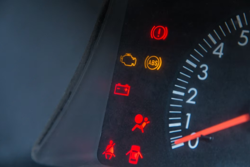 Car dashboard showing illuminated warning icons and speedometer needle